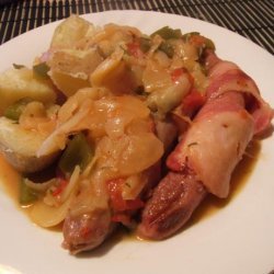 Bacon-Wrapped Sausage Casserole With Apple & Tomato Sauce recipe