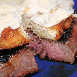 Grilled Beef Filet With Crab Cakes and Caramelized Onion Sauce recipe