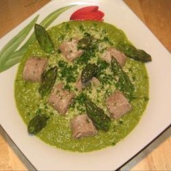 Veal Sausage with Asparagus Sauce and Asparagus Tips recipe