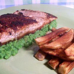 Cajun Blackened Salmon With Pureed Peas and Door Stop Fries recipe