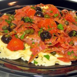 Tagliatelle With Salami, Olives and Oven-Roasted Tomatoes recipe