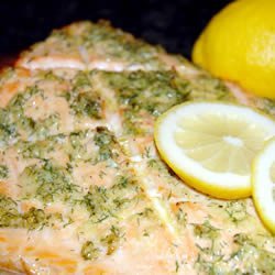 Cedar Plank-Grilled Salmon with Garlic, Lemon and Dill recipe
