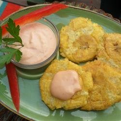 Tostones (Twice Fried Green Plantains) with Mayo-Ketchup Dipping Sauce recipe
