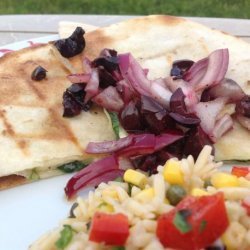 Grilled Quesadillas With Feta, Spinach, and Olive-Lemon Relish recipe