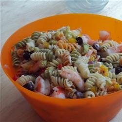 Greek Pasta Salad with Shrimp, Tomatoes, Zucchini, Peppers, and Feta recipe