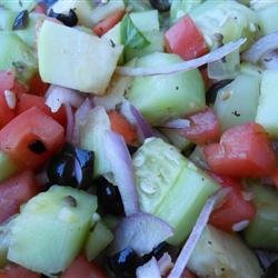 Cucumber Tomato Salad with Zucchini and Black Olives in Lemon Balsamic Vinaigrette recipe