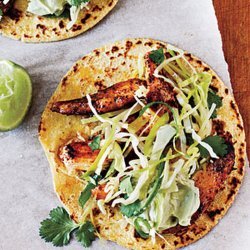 Ancho Chicken Tacos With Cilantro Slaw and Avocado Cream recipe