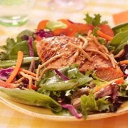 Grilled Salmon, Snap Peas and Spring Mix Salad with Chow Mein Noodles recipe