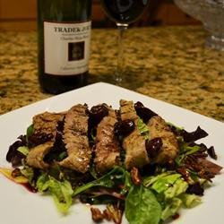 Grilled Peppercorn Steak and Caramelized Pecan Salad with Cabernet-Cherry Vinaigrette recipe
