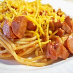 Chili Spaghetti With Hot Dogs recipe