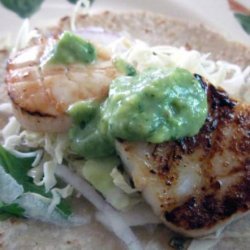 Grilled Scallops Tacos and Cabbage Slaw With Spicy Avocado Sauce recipe