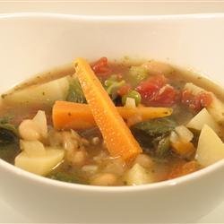 Italian Vegetable Soup with Beans, Spinach & Pesto recipe