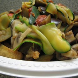 Zucchini Pasta With Mushrooms, Eggplant and Roasted Peppers recipe