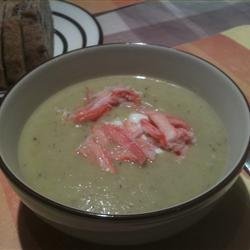 Asparagus and Yukon Gold Potato Soup with Crab and Chive Sour Cream recipe
