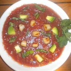 Chilled Tomato Soup with Seared Scallops, Avocado, and Ripped Basil recipe