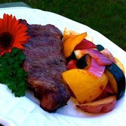 Planked New York Strip Steak with Grilled Veggies recipe