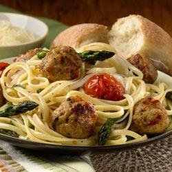 Linguini with Roasted Vegetables and Tomato Basil Chicken Meatballs recipe