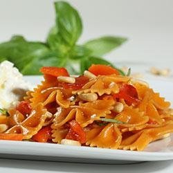 Farfalle with Roasted Red Pepper and Pine Nuts Served with Ricotta and Fresh Mozzarella recipe