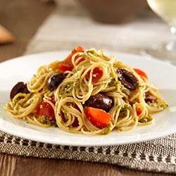 Whole Grain Angel Hair with Pistachio and Basil Pesto, Cherry Tomatoes and Black Olives recipe