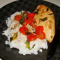 Chicken with Grape Tomatoes and Fried Basil recipe