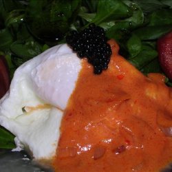 Poached Eggs on Field Salad With Tomato Sauce and Caviar recipe