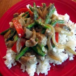 Beef Stir-Fry With Asparagus, Red Bell Peppers and Caramelized O recipe