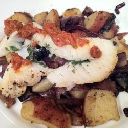 Slashed Sea Bass with Red Onions, Mushrooms, and New Potatoes recipe