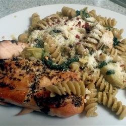 Salmon Pasta with Spinach and Artichokes recipe