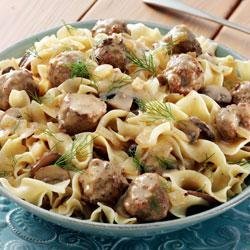Meatball and Mushroom Stroganoff with Dill Sauce and Noodles recipe