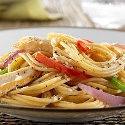 Spaghetti with Chicken Breast, Bell Peppers and Romano Cheese recipe