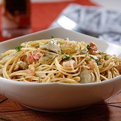 Spaghetti with Roasted Artichokes, Pine Nuts and Golden Raisins recipe