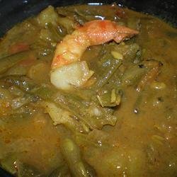 Trinidad-Style Curried Potatoes (Aloo) with Green Beans and Shrimp recipe