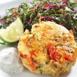 Crab Cakes with Coleslaw and Lime Dill Yogurt Sauce recipe