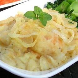Mashed Potato, Rutabaga, and Parsnip Casserole with Caramelized Onions recipe