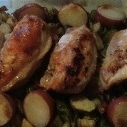 Pan-Roasted Chicken with Lemon-Garlic Brussels Sprouts and Potatoes recipe