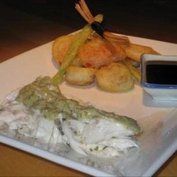 Baked Whole Fish With Tahini Sauce and Tempura Vegetables recipe