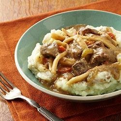 Beef and Noodles over Skin-On Mashed Potatoes recipe