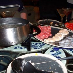 Wine Fondue With Broth Base and Mustard Dill Dipping Sauce recipe