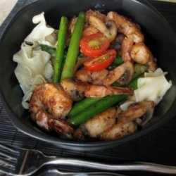 Mushrooms, Asparagus and Shrimp over Egg Noodles recipe
