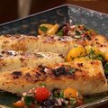 Halibut with Charred Garlic Oil and Tomato Relish (Bobby Flay) recipe