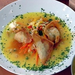 Swirl of Roasted Red and Yellow Pepper Soup with Shrimp Dumplings (Emeril Lagasse) recipe
