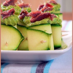 Zuchinni Strips Filled With Avocado Topped With An... recipe