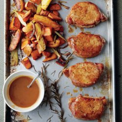 Cider-Dijon Pork Chops with Roasted Sweet Potatoes and Apples recipe