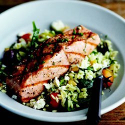 Grilled Salmon with Orzo, Feta, and Red Wine Vinaigrette recipe