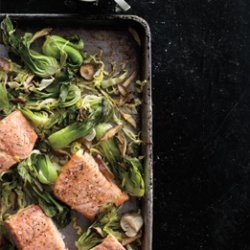 Wasabi Salmon with Bok Choy, Green Cabbage, and Shiitakes recipe