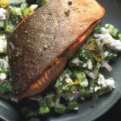 Arctic Char with Cucumber-Feta Relish and Jalapeño-Goat Cheese Hush Puppies recipe