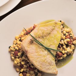 Oil-Poached Swordfish with White Corn, Guanciale and Chive Oil recipe