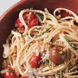 Linguine with Baby Heirloom Tomatoes and Anchovy Breadcrumbs recipe