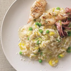 Leek and Pea Risotto with Grilled Calamari recipe