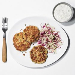 Fish Cakes with Coleslaw and Horseradish-Dill Sauce recipe
